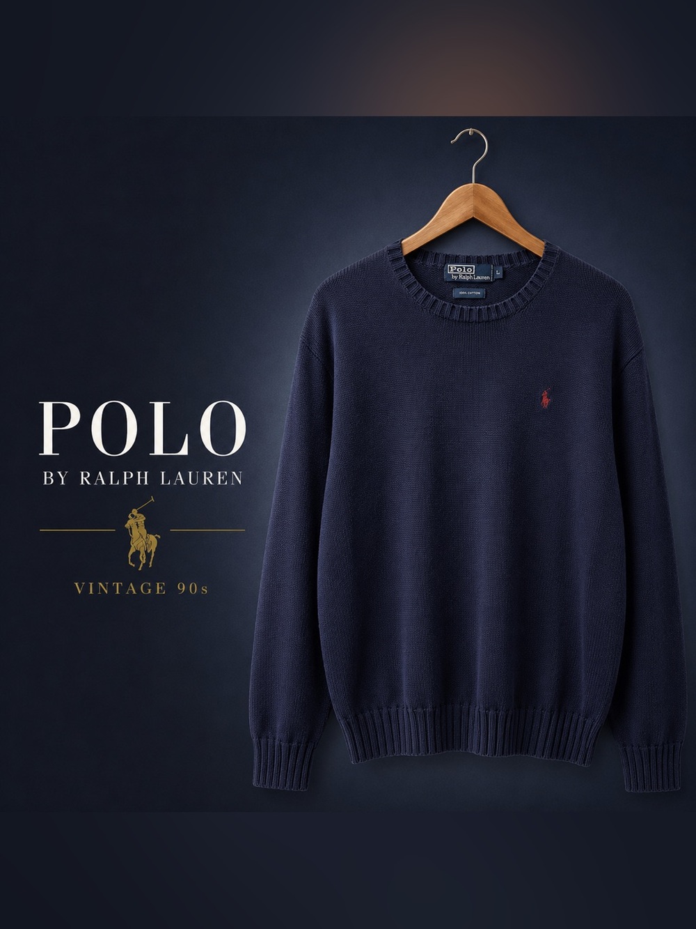 Vintage Polo Ralph Lauren 100% Cotton Crewneck Sweater Navy Blue Size L 90s